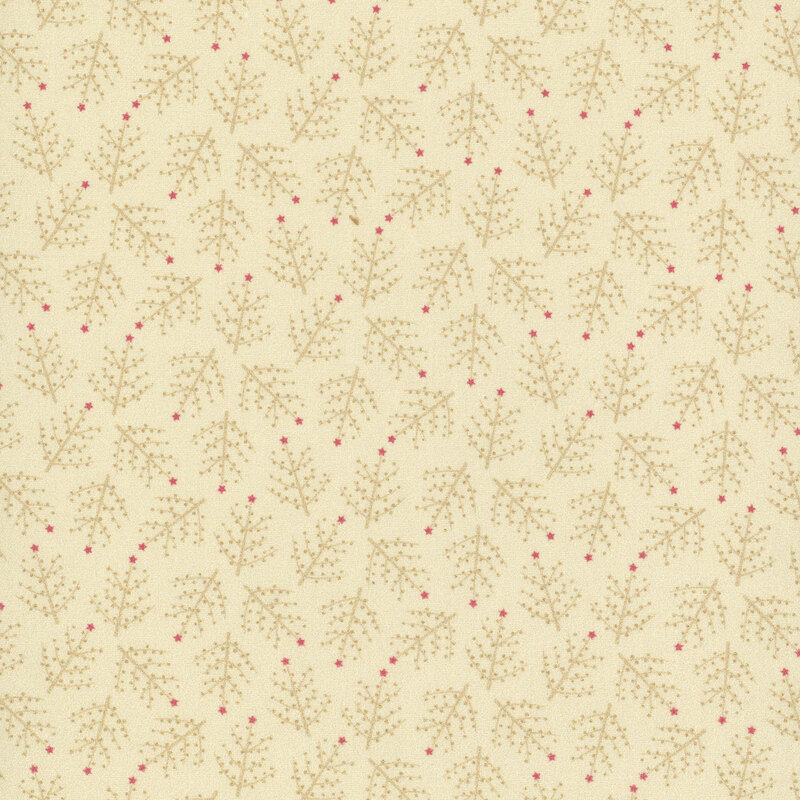 Cream fabric with tonal minimalist pine trees with red stars tossed all over