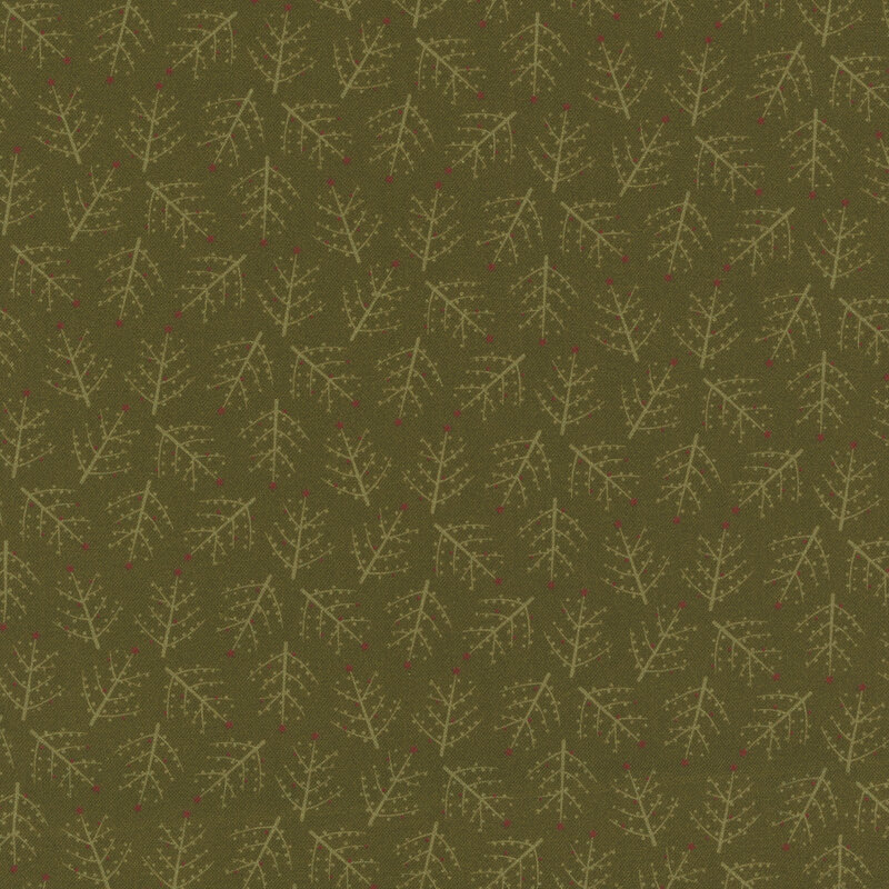 Green fabric with tonal minimalist pine trees with red stars tossed all over