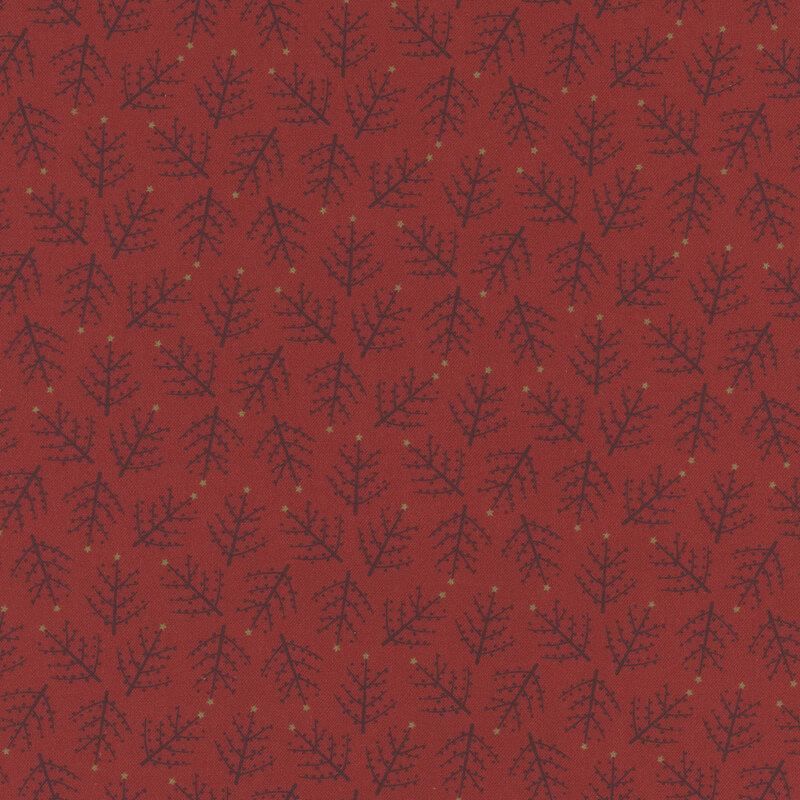 Red fabric with tonal minimalist pine trees with cream stars tossed all over