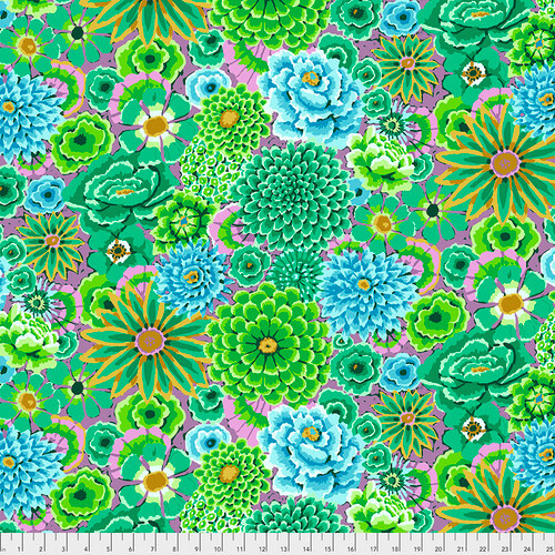 Fabric featuring vibrant green, teal, and yellow flowers over a magenta purple background