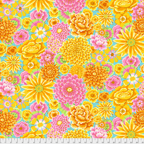 Fabric featuring vibrant pink and yellow flowers over a teal blue background