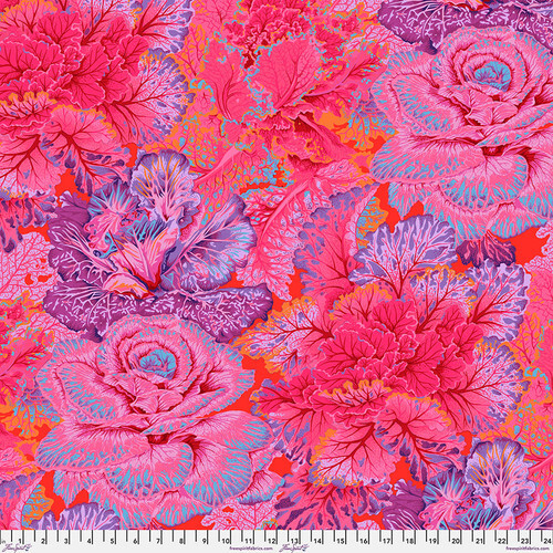 Fabric featuring vibrant purple, magenta, and vermillion bunches of full kale