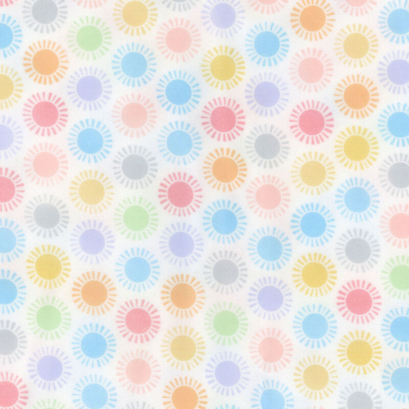 white fabric featuring colorful pastel suns