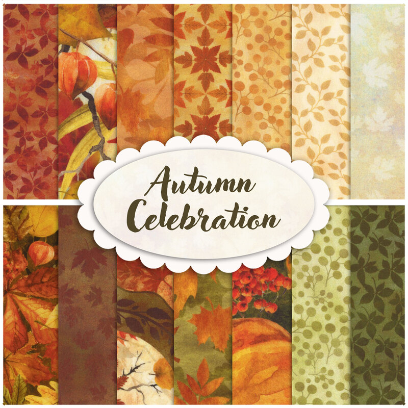 Collage image of fabrics included in the Autumn Celebration collection FQ set.