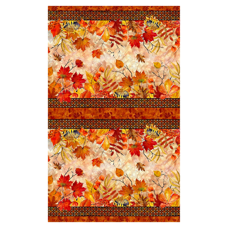 Image of the full width of a large border print featuring colorful autumn leaves and beautifully mottled backgrounds.