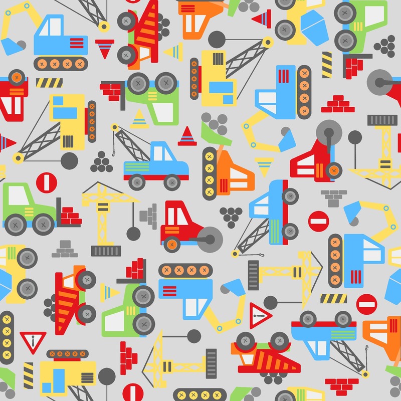 gray fabric featuring colorful construction trucks
