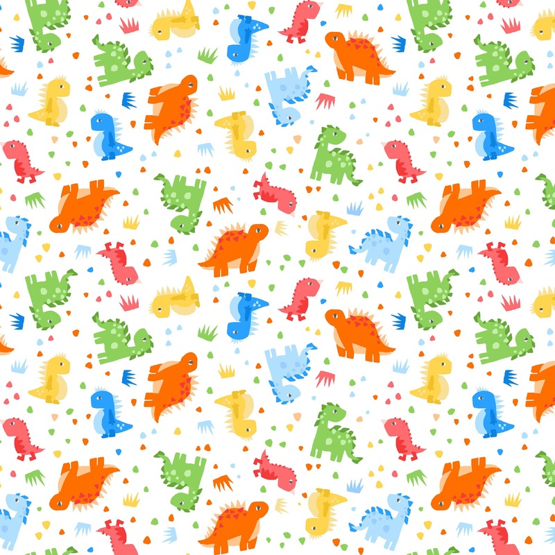white fabric featuring colorful dinosaurs 
