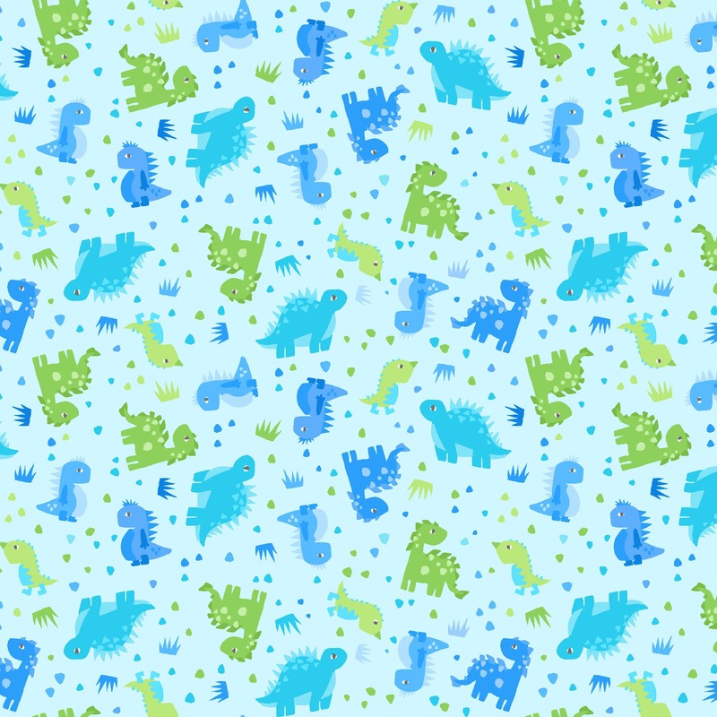 aqua fabric featuring blue and green dinosaurs