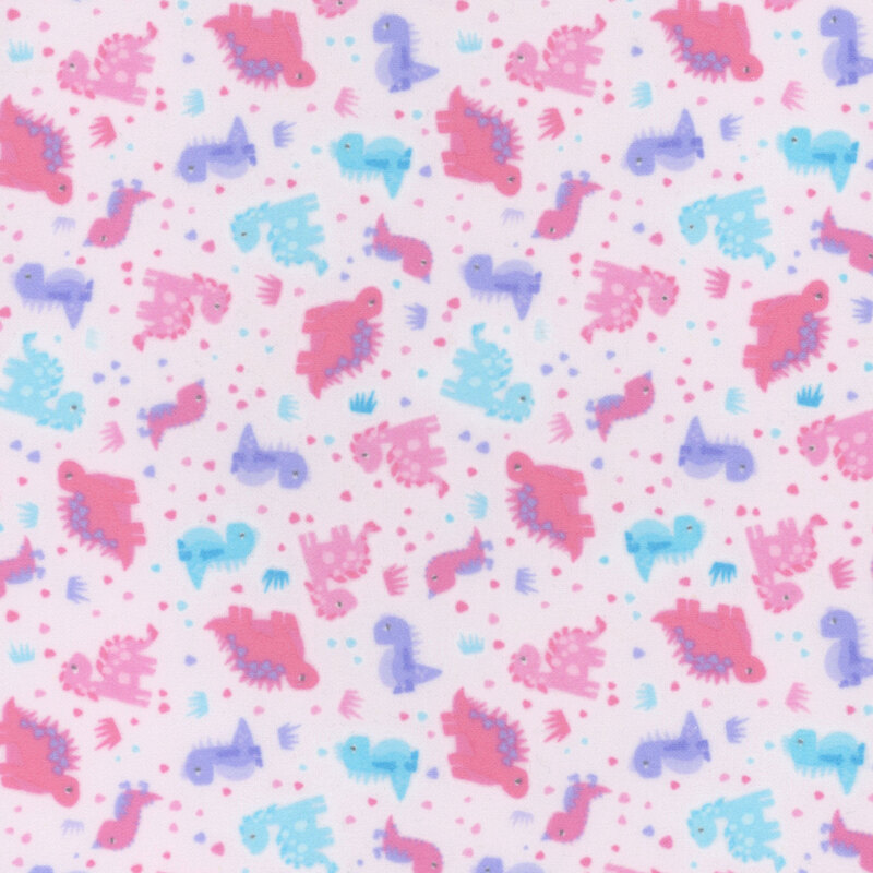 pink fabric featuring aqua, purple, and pink dinosaurs