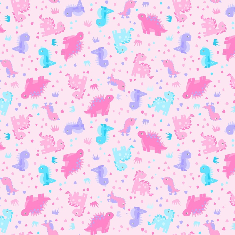 pink fabric featuring aqua, purple, and pink dinosaurs