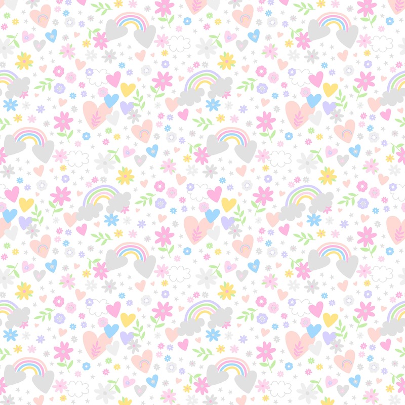 white fabric featuring pastel rainbows, flowers, and hearts 