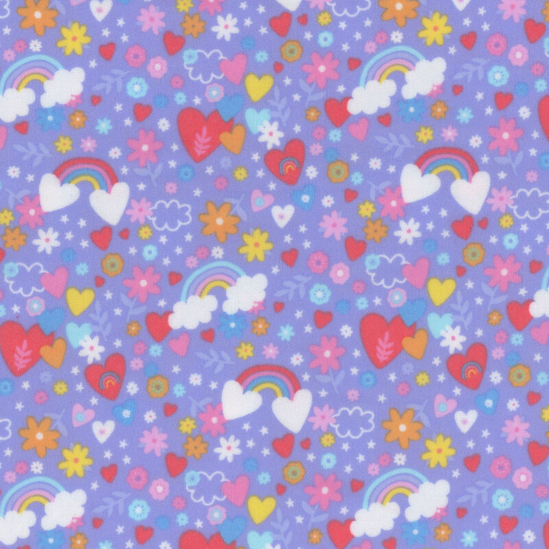 purple fabric featuring rainbows, flowers, and hearts 