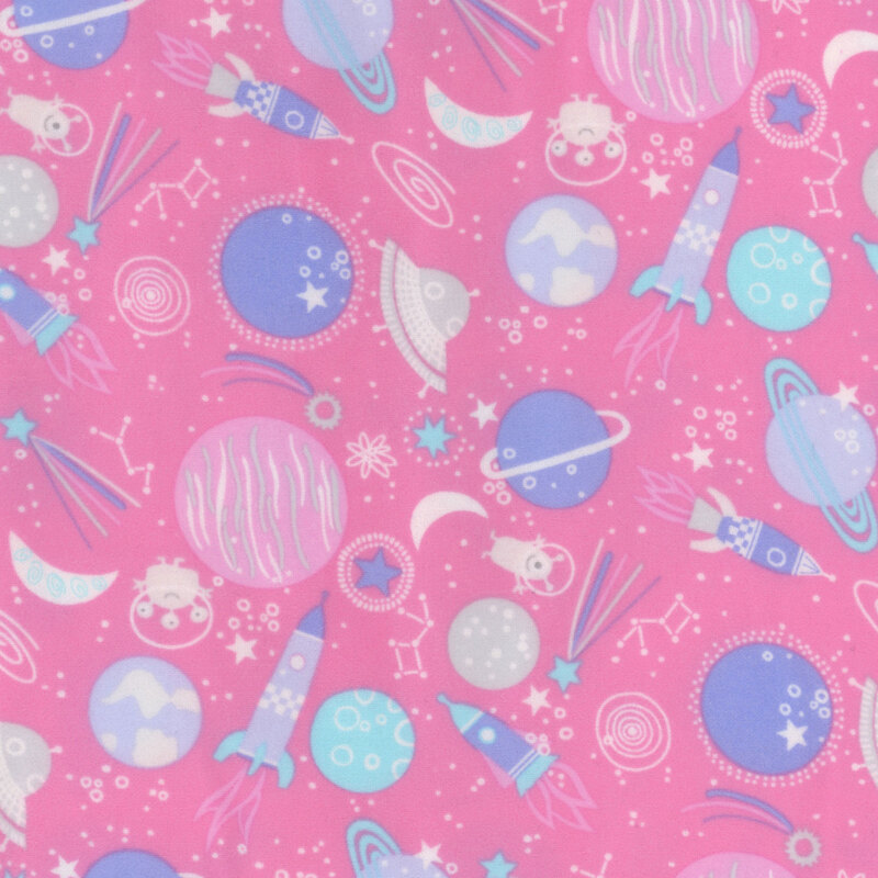 pink fabric featuring planets, rockets, spaceships, and stars