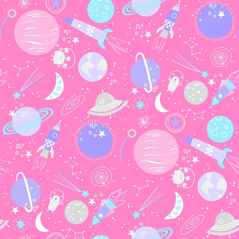 pink fabric featuring planets, rockets, spaceships, and stars