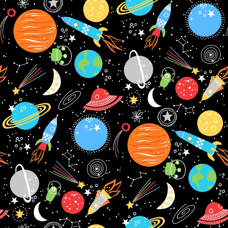 black fabric featuring planets, rockets, spaceships, and stars