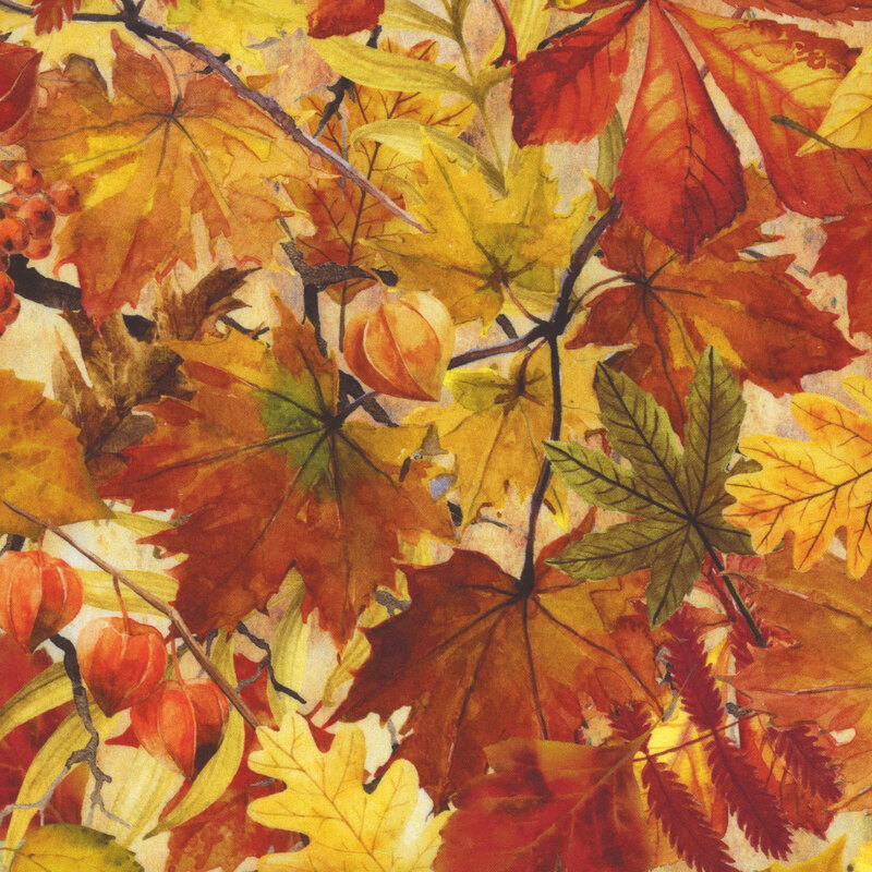 Photo of fabric featuring a painted landscape of brilliant autumn leaves and lantern plants.