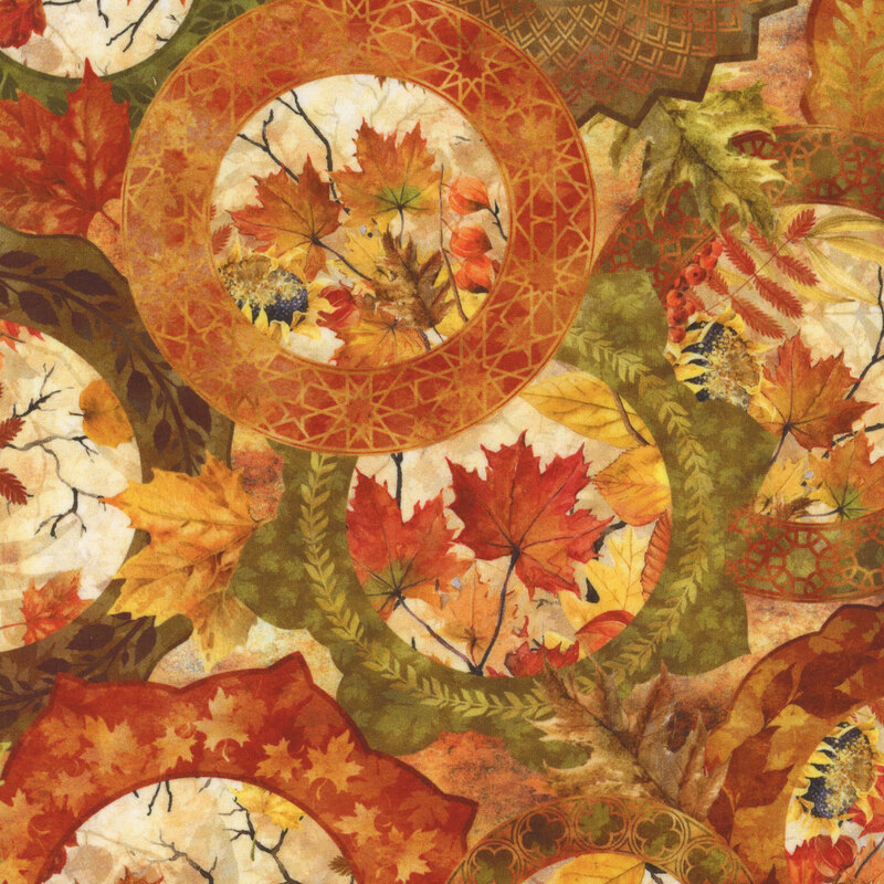 fabric featuring overlapping medallions made with fall colors and textures with autumn foliage in the centers