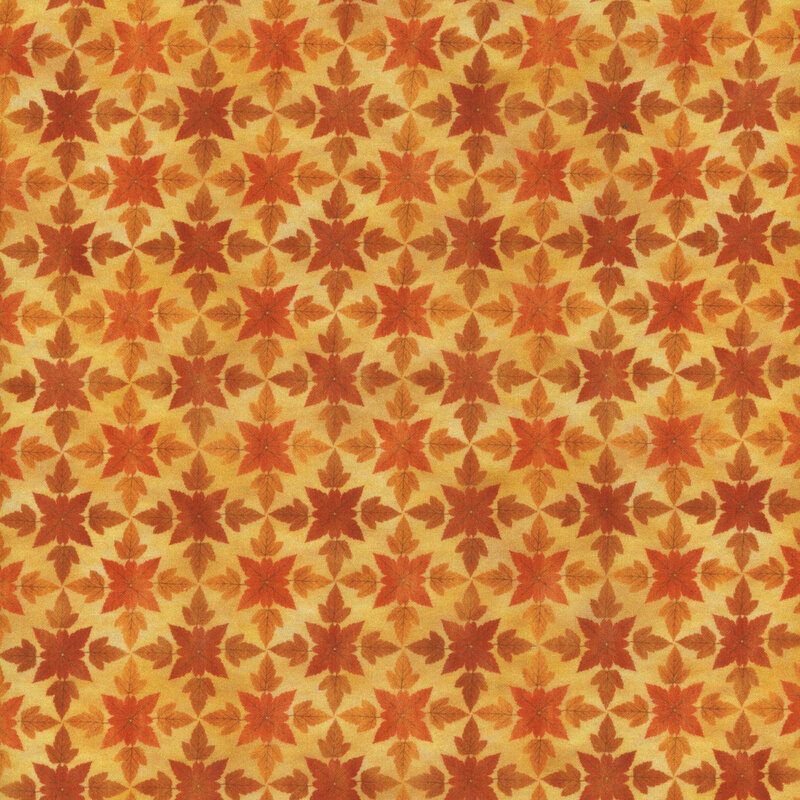 This geometric print features intricate orange and yellow patterns that are subtly mottled.