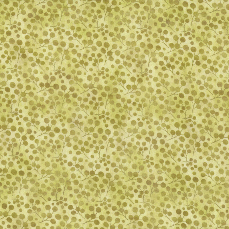 This fabric features green tonal berries mottled with the light green background.