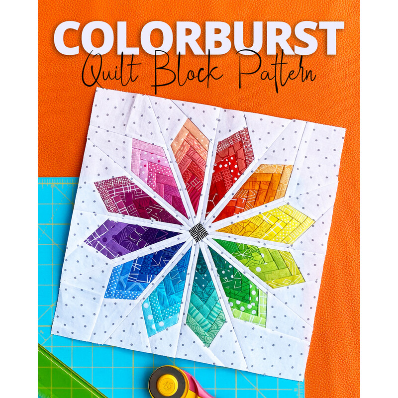 Front cover of the pattern showing the complete block with unfinished edges, paper pieced to gradate through the rainbow.
