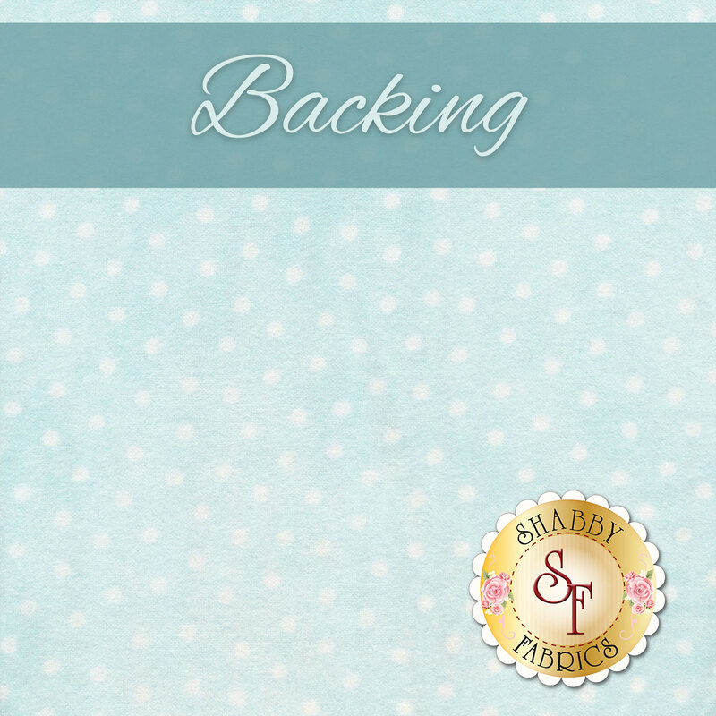 Pastel aqua fabric with a light white polka dot pattern; a teal banner reads 