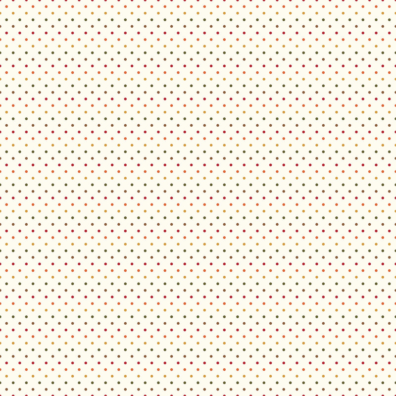 Digital render of a cream fabric with an autumn color scheme of brown, dark green, red, and yellow polka dots.