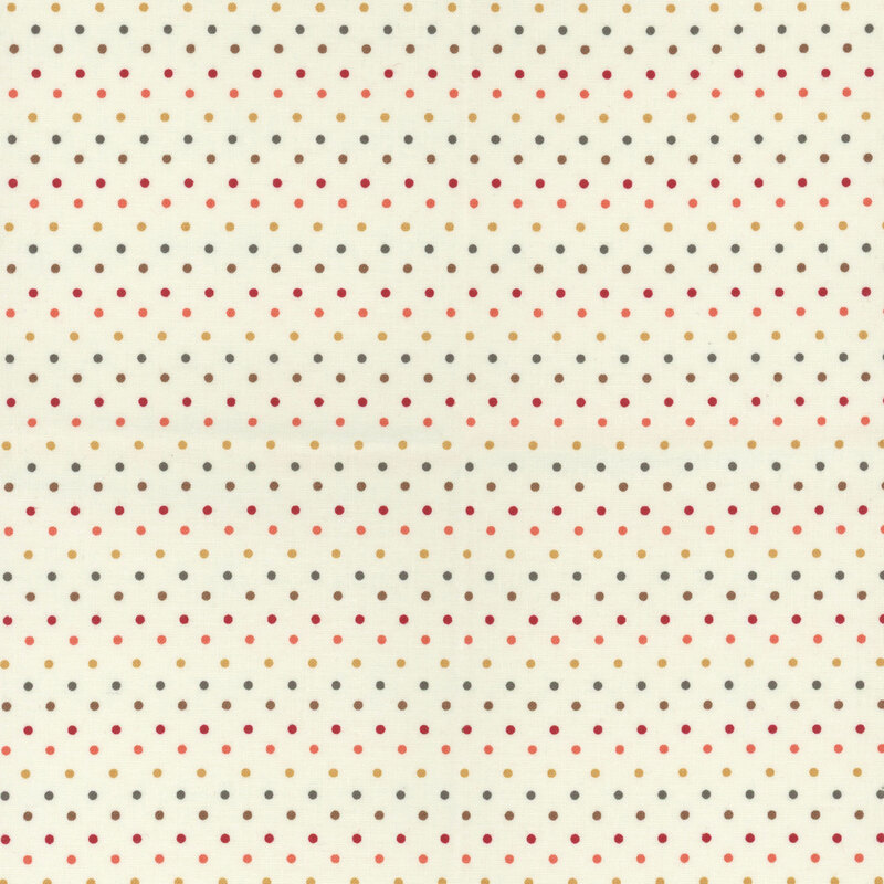 Cream fabric with an autumn color scheme of brown, dark green, red, and yellow polka dots.