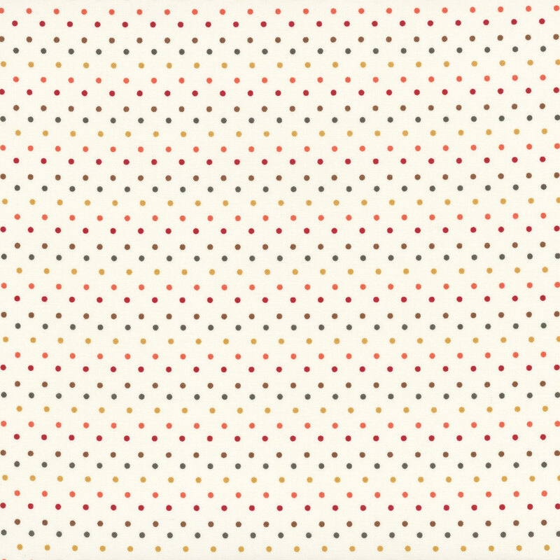 Cream fabric with an autumn color scheme of brown, dark green, red, and yellow polka dots.