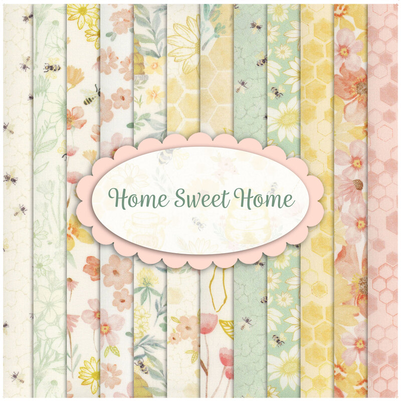 Collage of fabrics in Home Sweet Home featuring bees and flowers in pastel shades