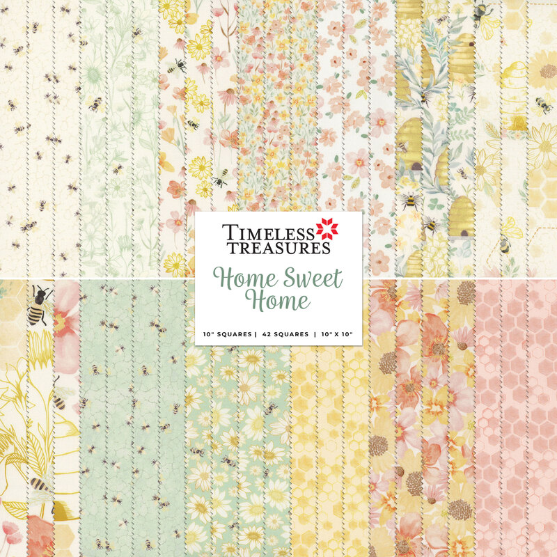 Collage of fabrics in Home Sweet Home Layer Cake featuring bees and flowers in pastel shades