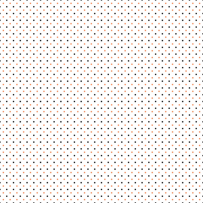 Digital render of a white fabric with black and orange polka dots.