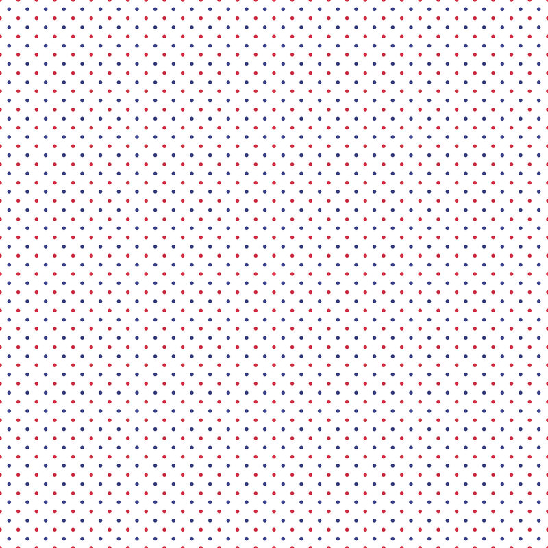 Digital render of a white fabric with red and blue polka dots.