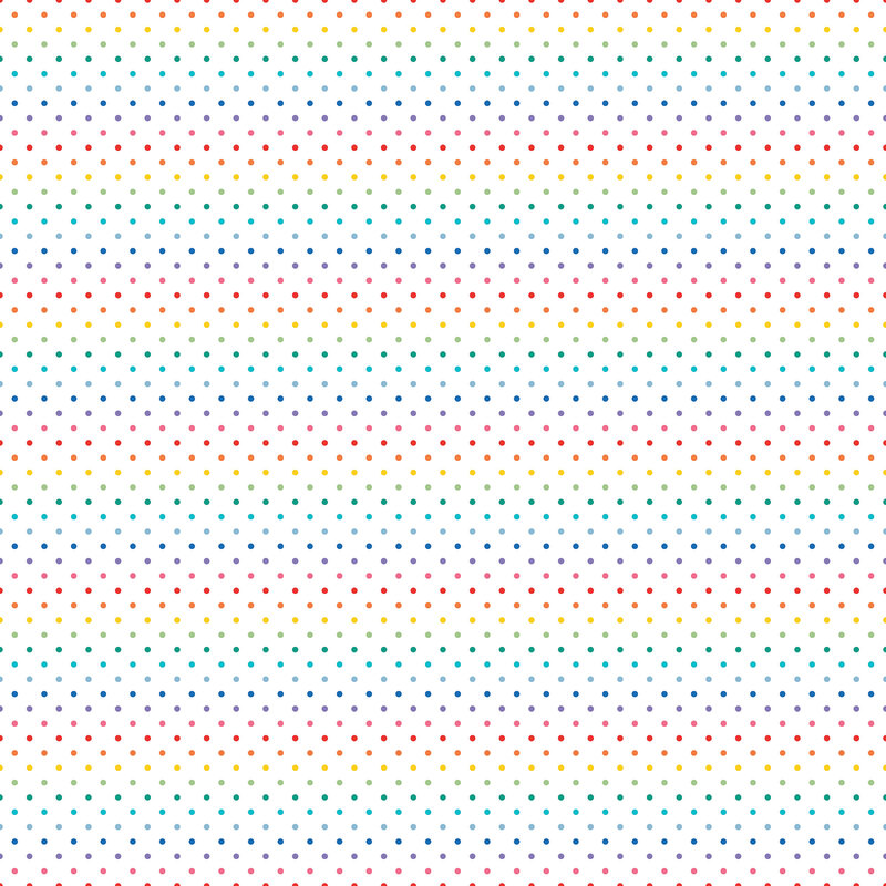 Digital render of a white fabric with rainbow polka dots.
