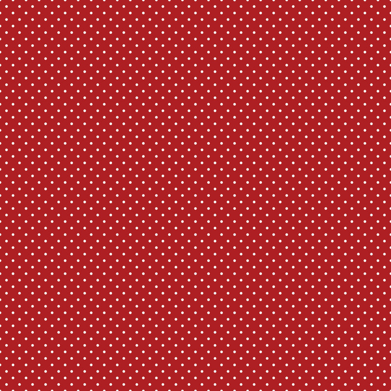 Digital render of a deep red fabric with white polka dots.