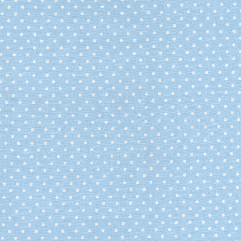 Baby blue fabric with white polka dots.