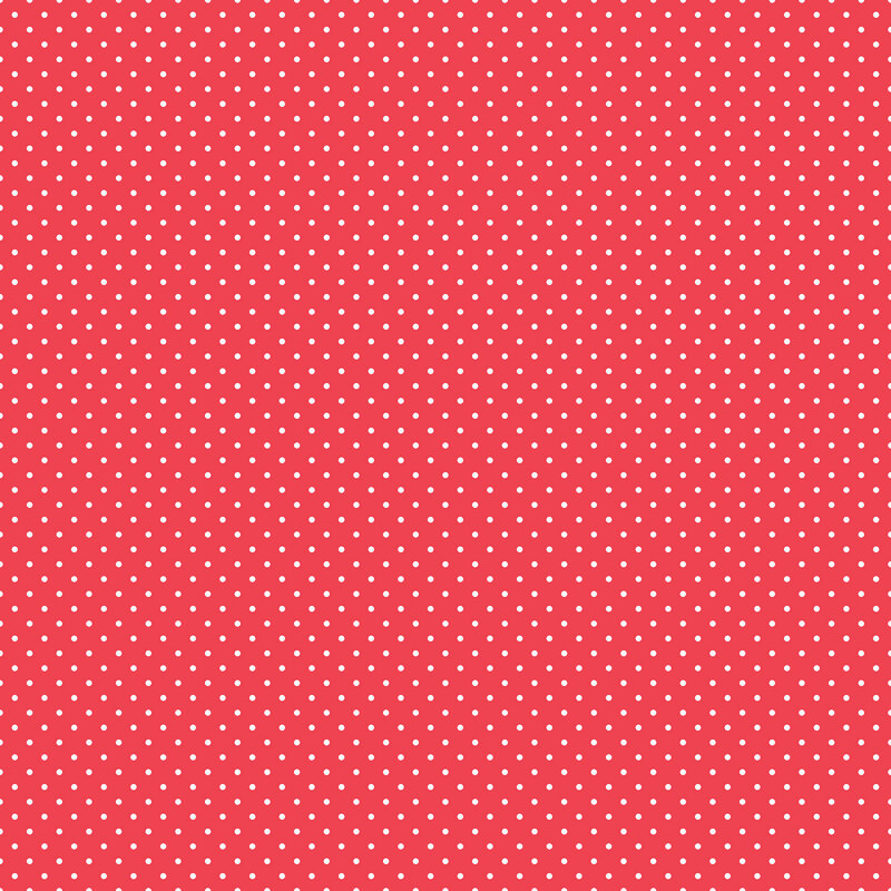 Digital render of a poppy red fabric with white polka dots.