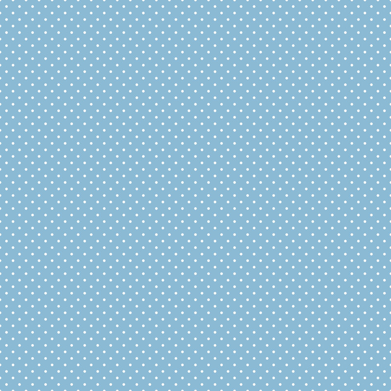 Digital render of a sky blue fabric with white polka dots.