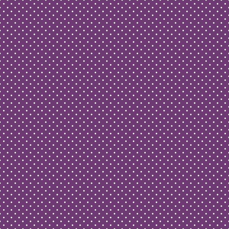 Digital render of a royal purple fabric with white polka dots.