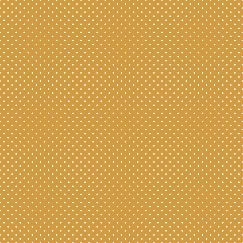 Digital render of a mustard yellow fabric with white polka dots.