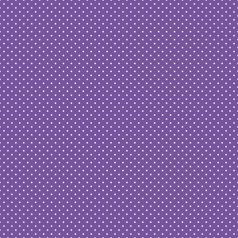 Digital render of a bright purple fabric with white polka dots.