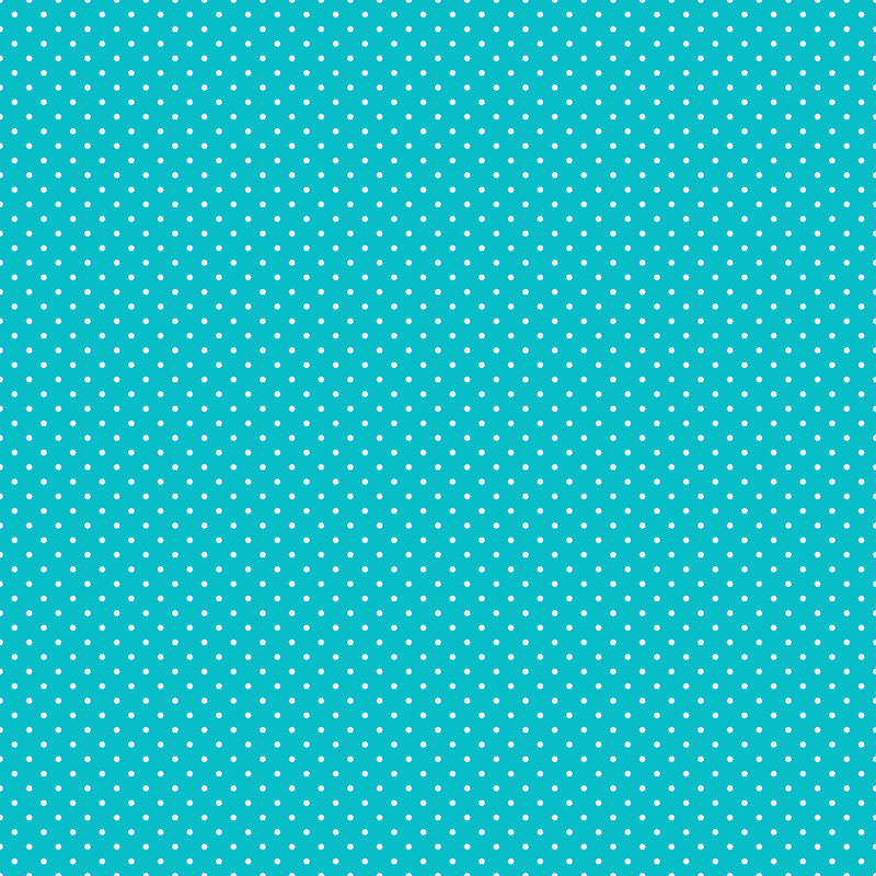 Digital render of a bright aqua fabric with white polka dots.