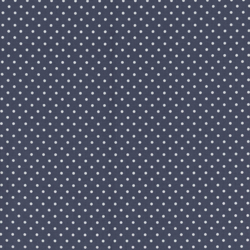 Digital render of a deep navy blue fabric with white polka dots.
