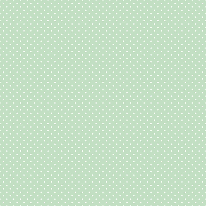 Digital render of a mint green fabric with white polka dots.