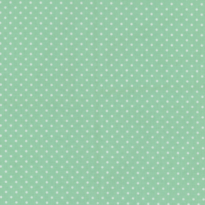 Mint green fabric with white polka dots.