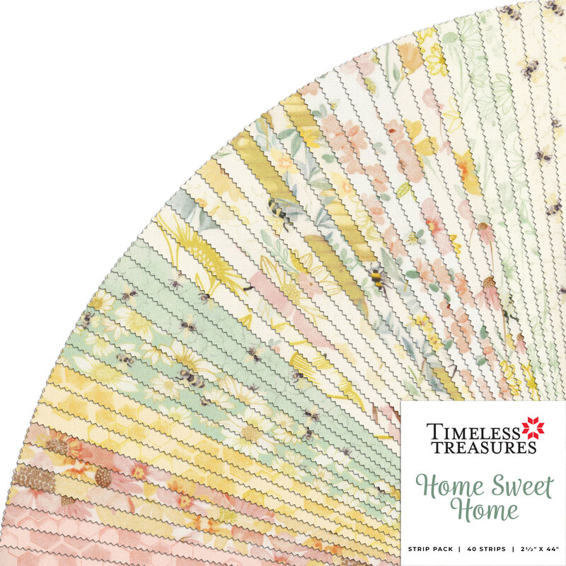Collage of fabrics in Home Sweet Home Jelly Roll featuring bees and flowers in pastel shades