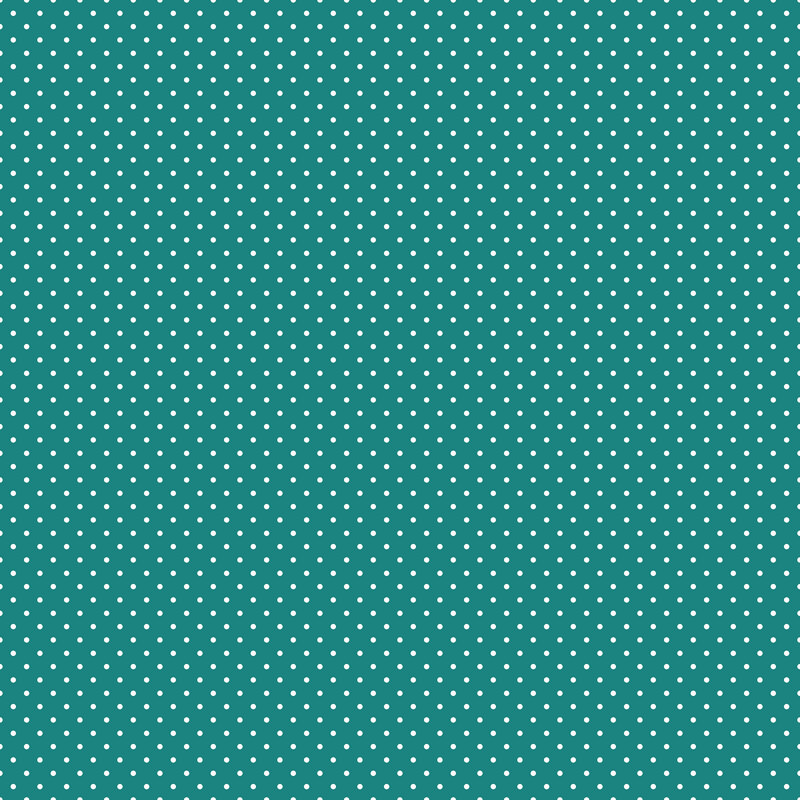 Digital render of a teal fabric with white polka dots.
