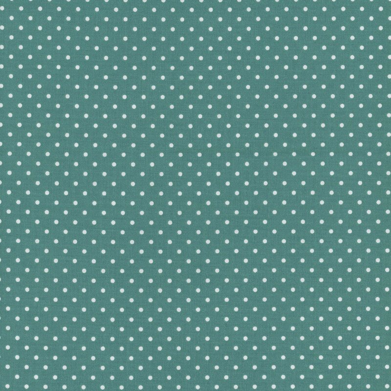 Teal fabric with white polka dots.