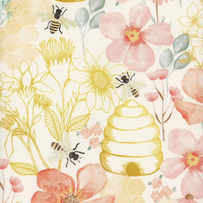 white fabric featuring flowers, bees, beehives, and honeycomb