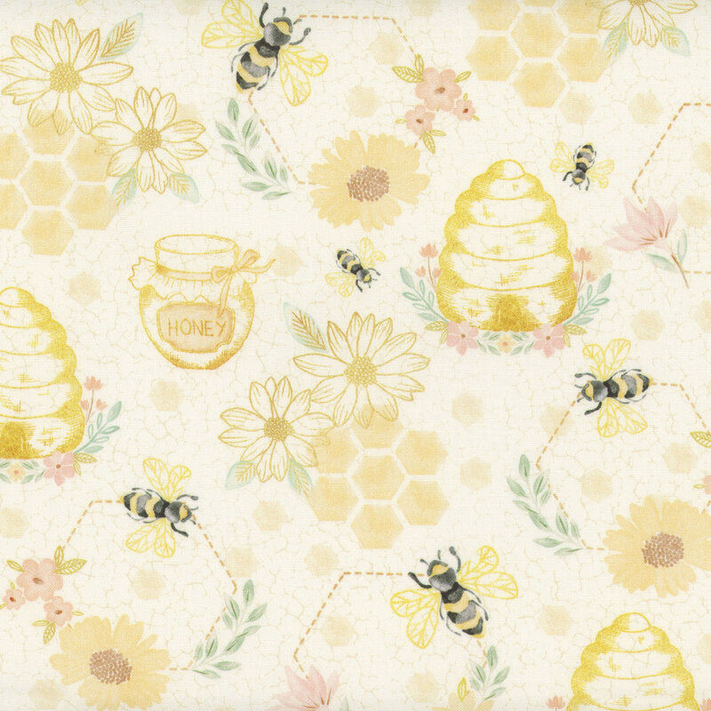Cream fabric featuring flowers, bees, beehives, honey and honeycomb