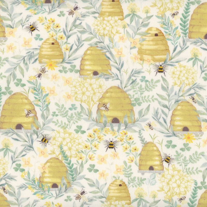 Cream fabric featuring flowers, bees, and beehives